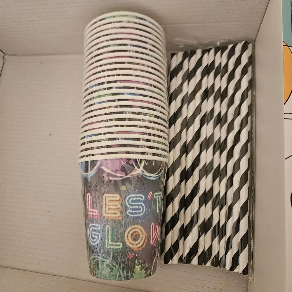 NEW Birthday Wishes Party Box 24 Large & Small Plates Cups Cutlery 2 Table Cover
